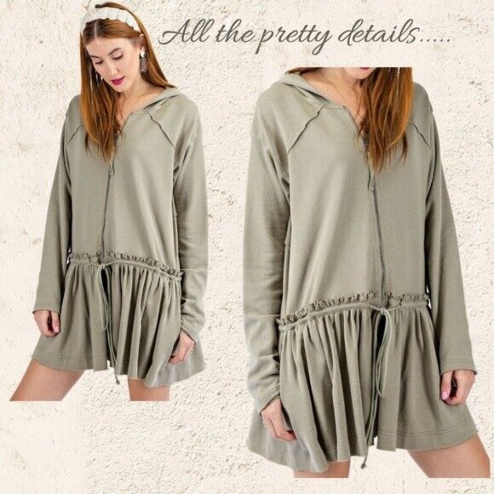 EASEL Lux Cotton Zip Front Hoodie Drawstring Waist Ruffled Trim Raw Seams SOFT! - Picture 8 of 10